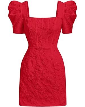 SOLY HUX Women's Floral Square Neck Puff Short Sleeve Mini Dress High Waist Summer Boho Short Dre... | Amazon (US)