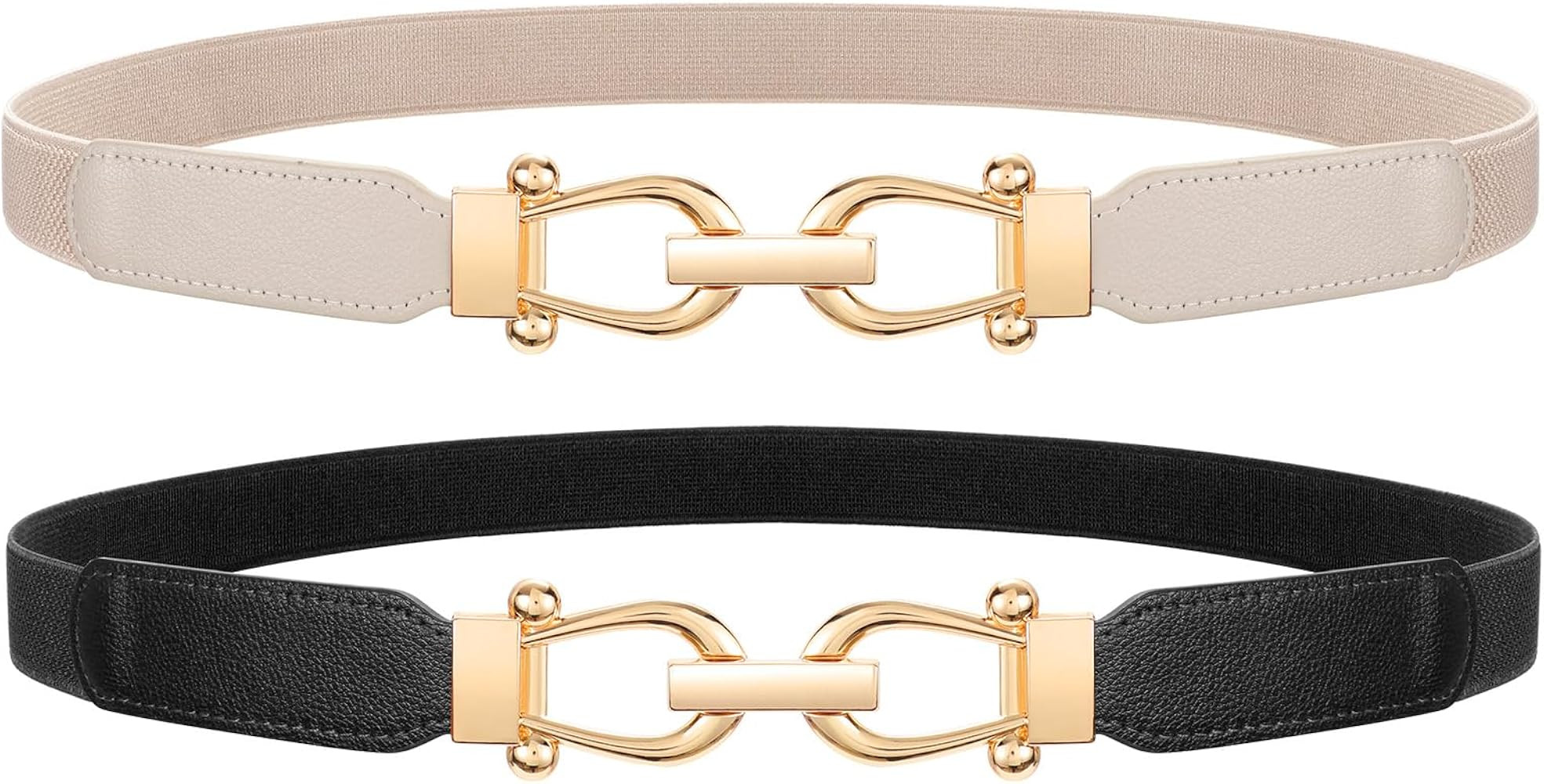 LEACOOLKEY 2 Pack Women Skinny Stretch Belts for Dress Elastic Thin Waist Belt with Gold Buckle f... | Amazon (US)