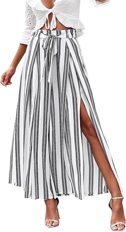 Simplee Women's Elegant Striped Split High Waisted Belted Flowy Wide Leg Pants | Amazon (US)