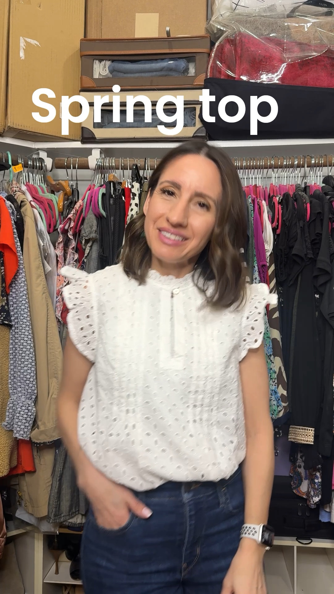 Spring white eyelet top with flutter sleeves. It comes in a few colors. Runs big. Go down 1 size. 
Jeans are Levi’s. Love them. 
Petite outfit 
Petite style 
Spring top 


#LTKOver40 #LTKstorytime #LTKPetite