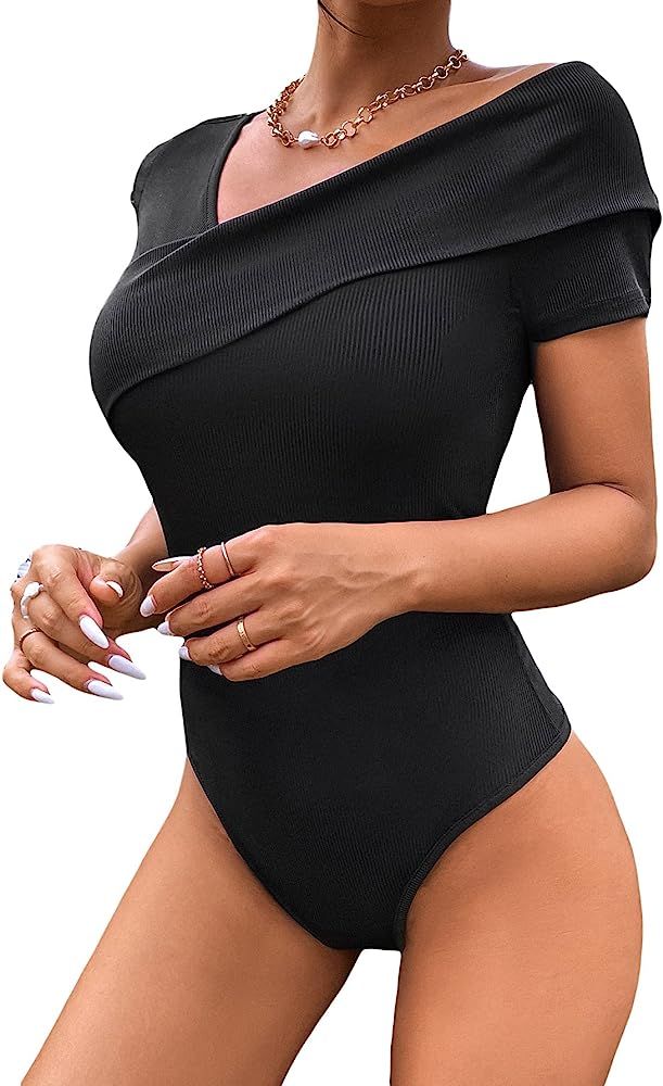 SOLY HUX Women's Criss Cross Striped Wrap Off The Shoulder Skinny Elegant Bodysuit | Amazon (US)