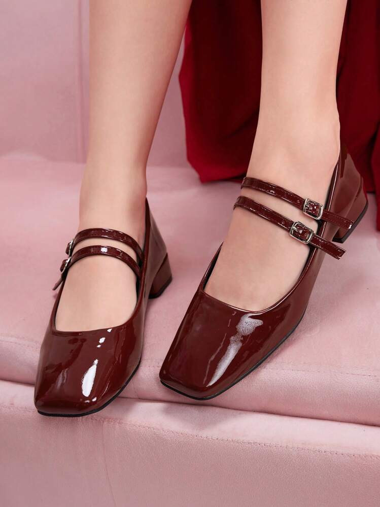 CUCCOO DOLLMOD Women's Fashion Wine Red Mary Jane Short Chunky Heel Casual Daily Wear Office Work... | SHEIN