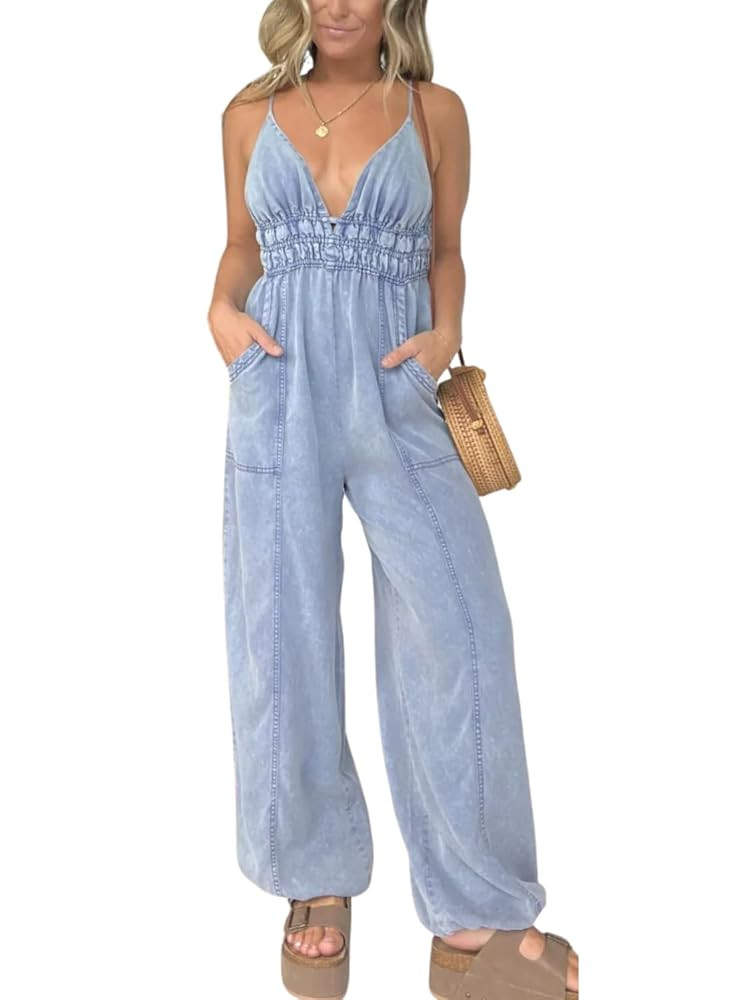 yoeasy Women's V Neck Adjustable Strap Tencel Denim Jumpsuit Lightweight Wide Leg Jeans Overall W... | Amazon (US)