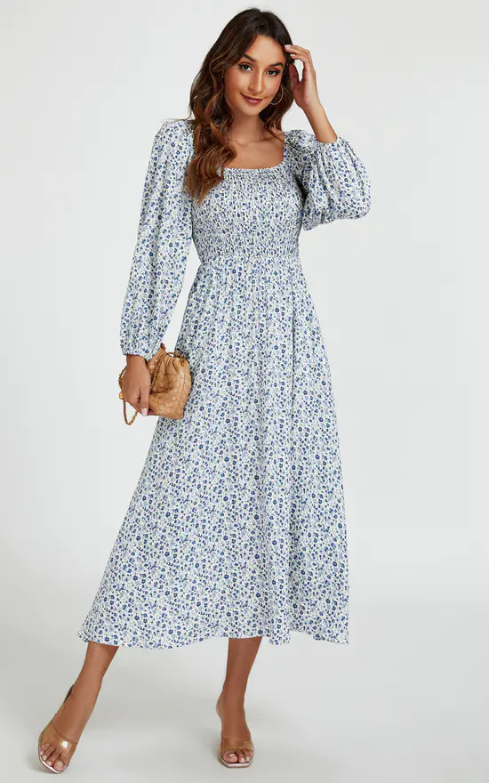 Floral Print Square Neck Maxi Dress In Light White & Blue | FS Collection | SilkFred | SilkFred
