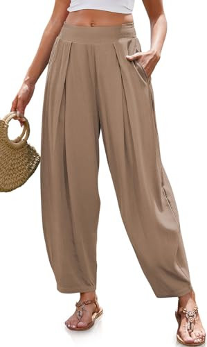 TARSE Women’s Linen Harem Pants Loose Fit Boho Pants with Wide Waistband Casual Lounge Trousers for Summer Beach Vacation MidCoffee, XXL | Amazon (US)