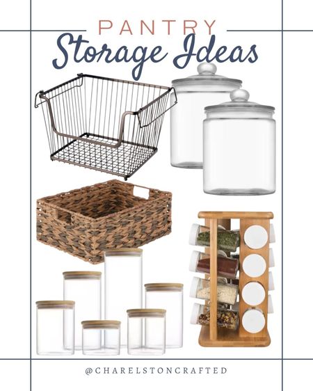 Pantry storage items include wire basket, large glass apothecary jars, bamboo spice rack, glass food canisters with wooden lids, and basket. Home storage, pantry storage, pantry organization, kitchen storage, kitchen organization, home organization 

#LTKhome #LTKfamily #LTKFind
