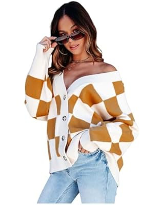 Dokotoo Womens Plaid V Neck Button Down Long Sleeve Cable Knit Oversized Cardigan Sweaters Tops | Amazon (US)