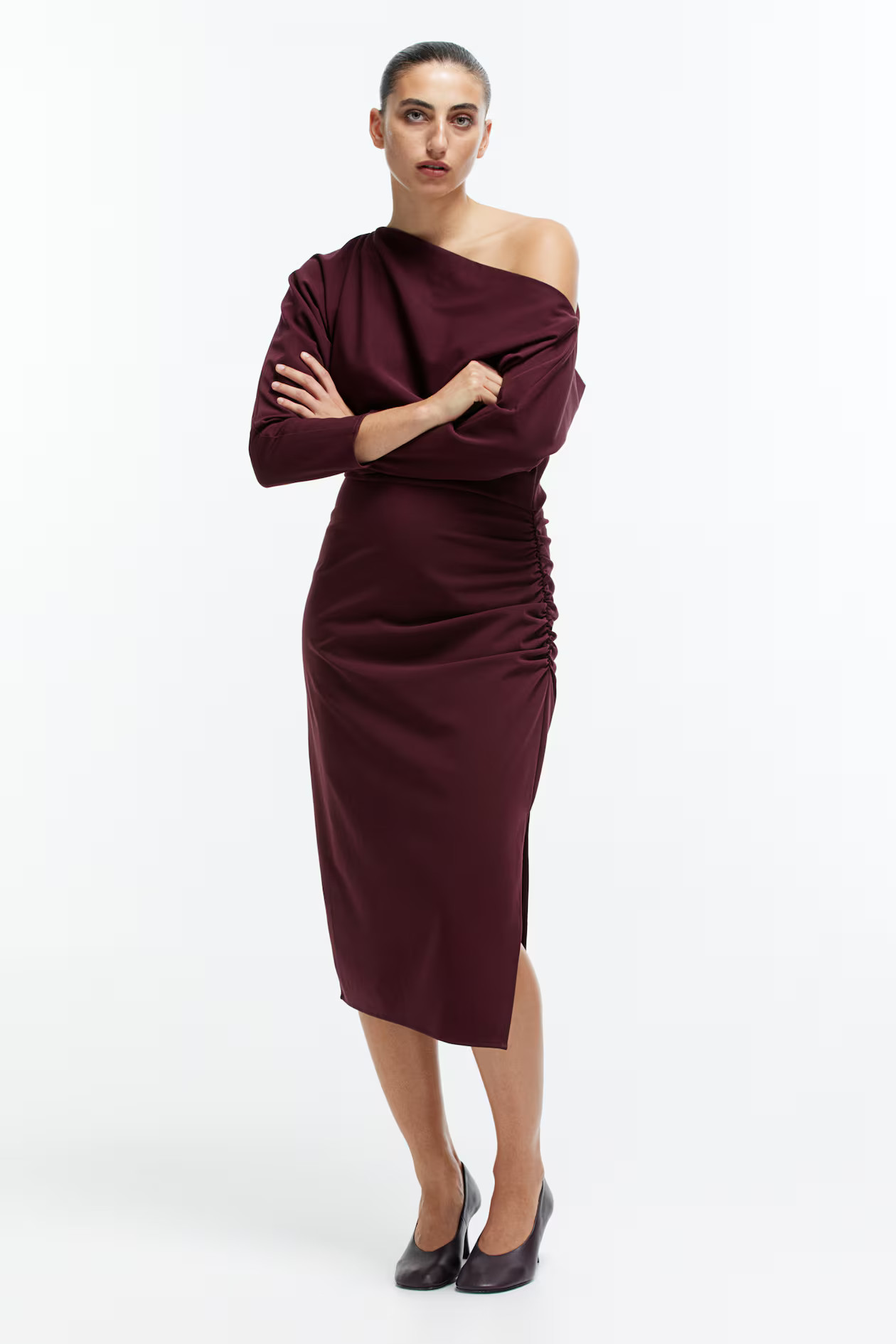 Draped One-Shoulder Dress - Burgundy - Ladies | H&M US | H&M (US + CA)