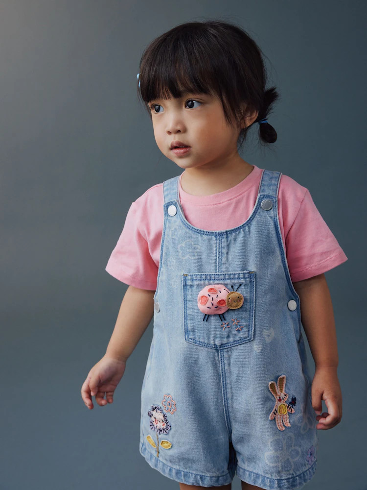 Light Blue Denim Ladybug Embroidered Dungaree and T-Shirt Set (3mths-7yrs) | Next US