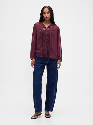 Sheer Recycled Lace Inset Tie-Neck Top | Gap (US)