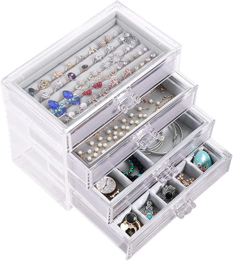 DIJA Acrylic Jewelry Box with 4 Drawers, Velvet Jewelry Organizer for Earring Bangle Bracelet Nec... | Amazon (US)