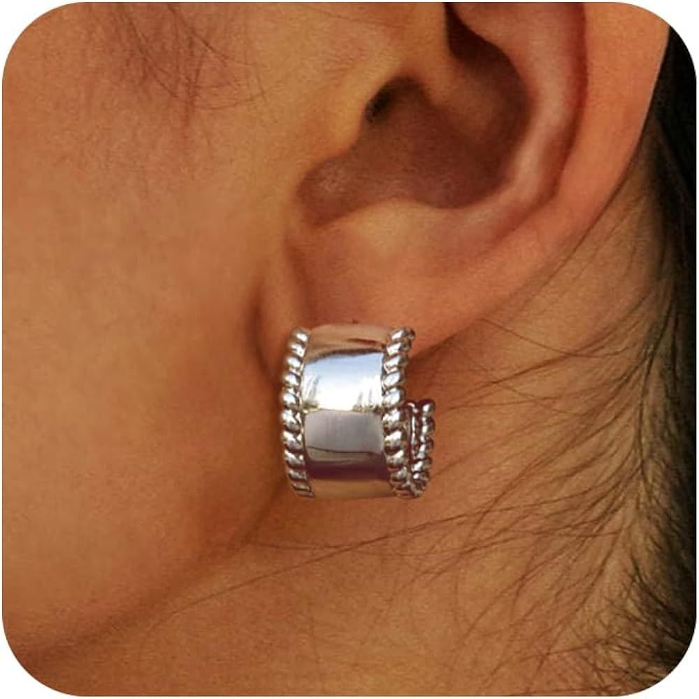 Silver Hoop Earrings for Women, Chunky Silver Hoops Hypoallergenic Earrings for Women Trendy Dain... | Amazon (US)