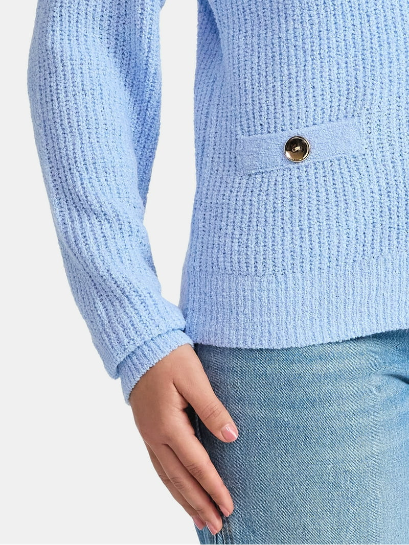 Time and Tru Women's V Neck Button Front Boucle Cardigan Sweater with Long Sleeves, Mid-weight, S... | Walmart (US)