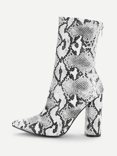 Snake Print Point Toe Block Heeled Boots | SHEIN