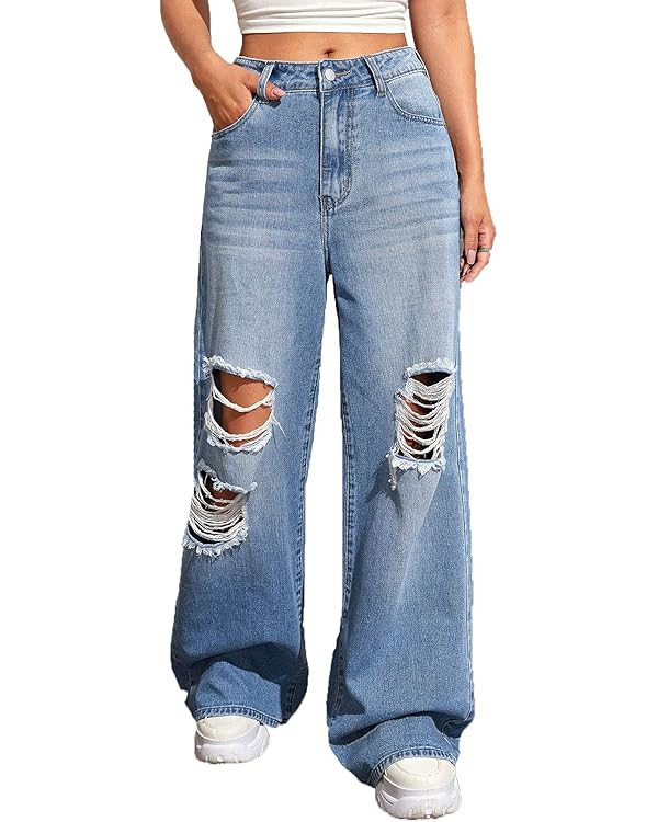 SweatyRocks Women's Casual Loose Ripped Denim Pants Distressed Wide Leg Jeans | Amazon (US)