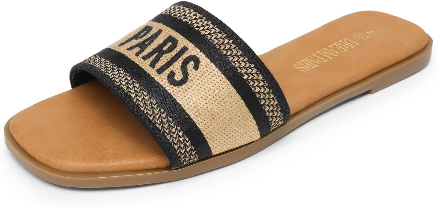 DREAM PAIRS Women's Flat Sandals Slip On Slides Sandals Square Open Toe Jacquard Braided Fashion ... | Amazon (US)