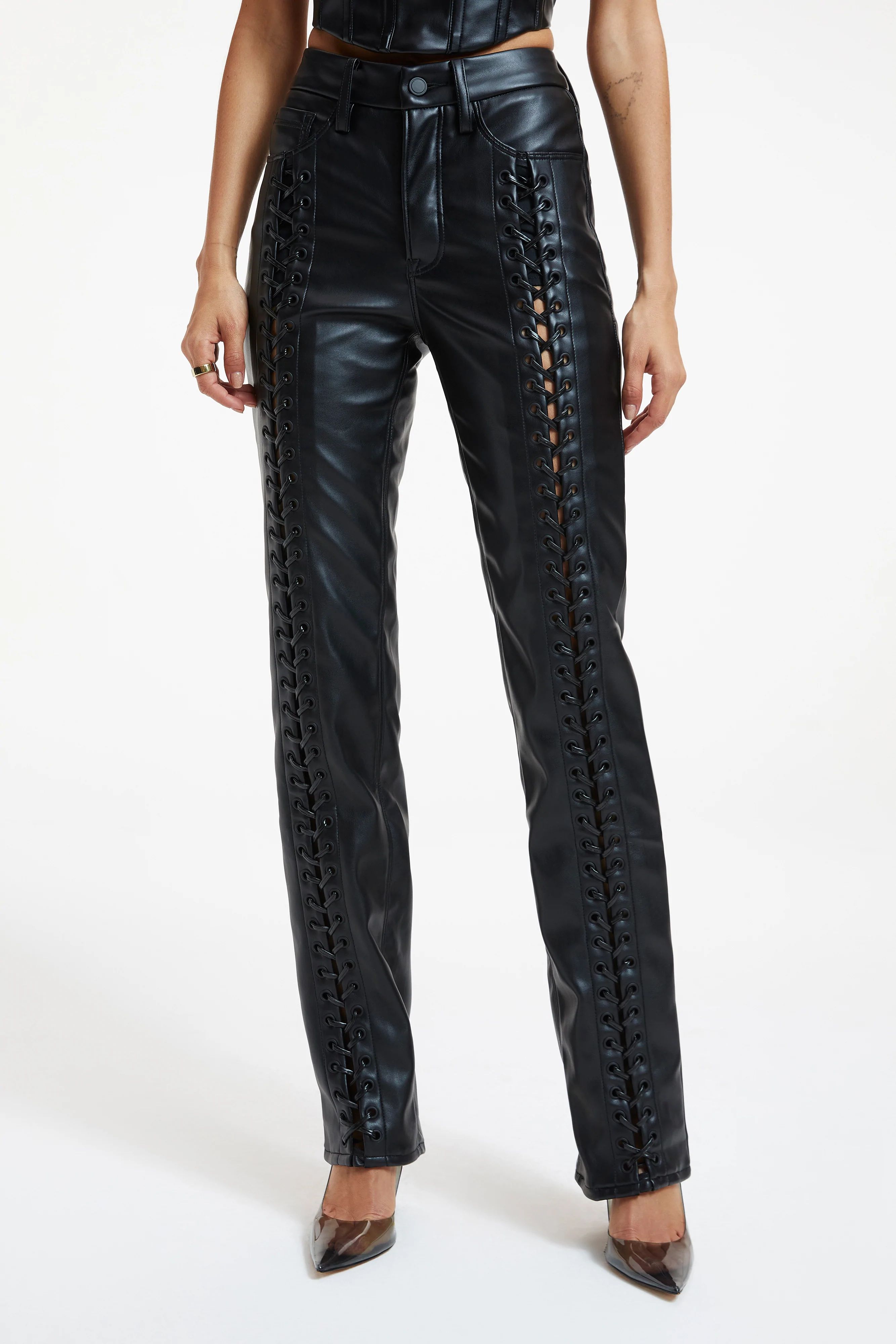 GOOD ICON FAUX LEATHER LACE UP PANTS | BLACK001 | Good American