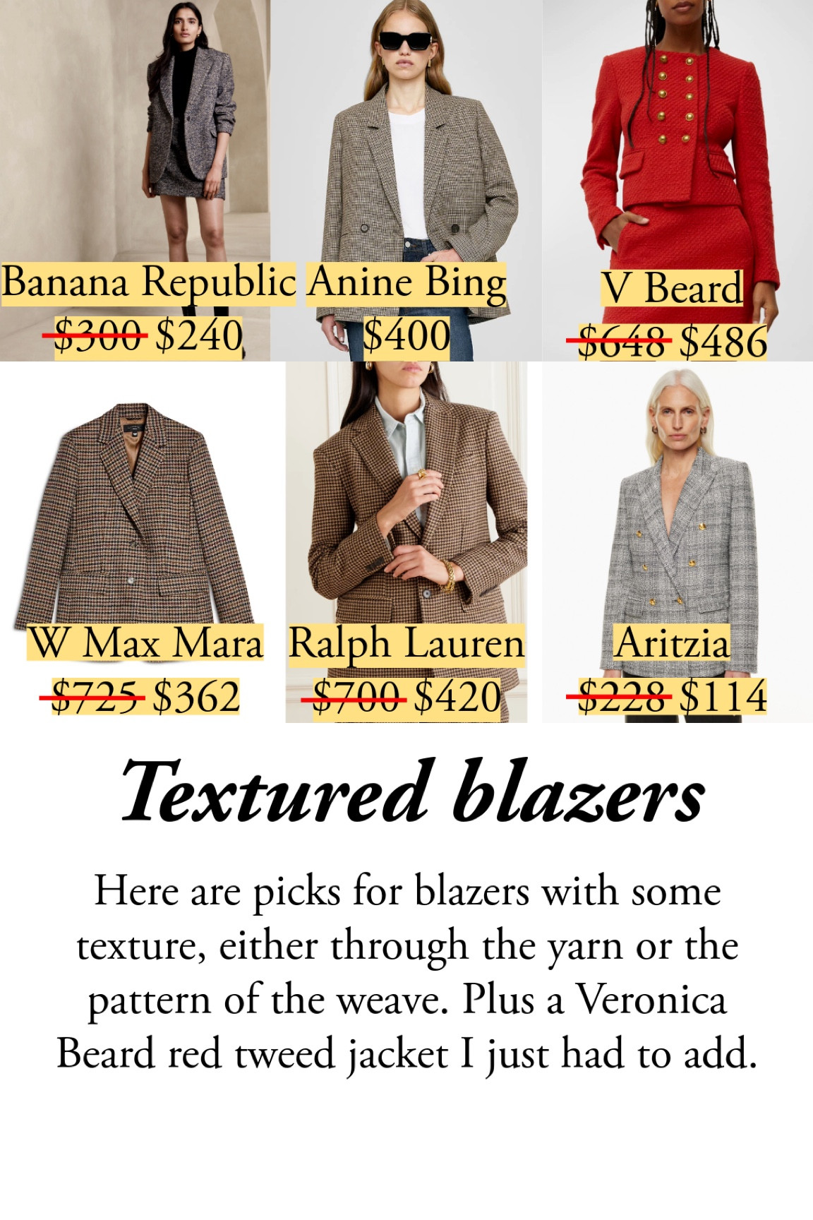 Here are my picks for blazers with some texture, either through the yarn or the pattern of the weave. Plus a Veronica Bears red tweed jacket I just had to add  

#LTKSeasonal #LTKworkwear #LTKsalealert