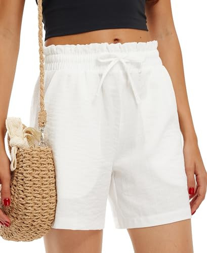 Libin Womens Linen Short Shorts High Waisted Lightweight Drawstring Summer Vacation Outfits with Pockets Casual Beach Lounge Outdoor, White, 2XL | Amazon (US)