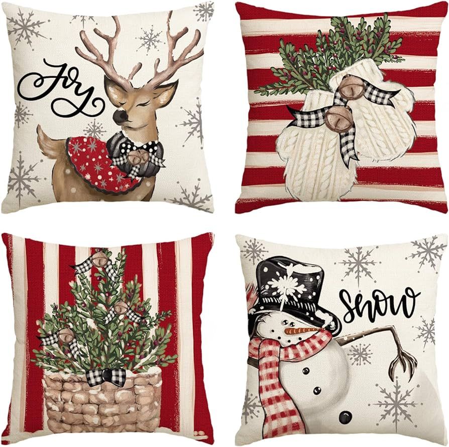 AVOIN colorlife Christmas Snowman Reindeer Gloves Eucalyptus Red Throw Pillow Covers, 18 x 18 Inc... | Amazon (US)