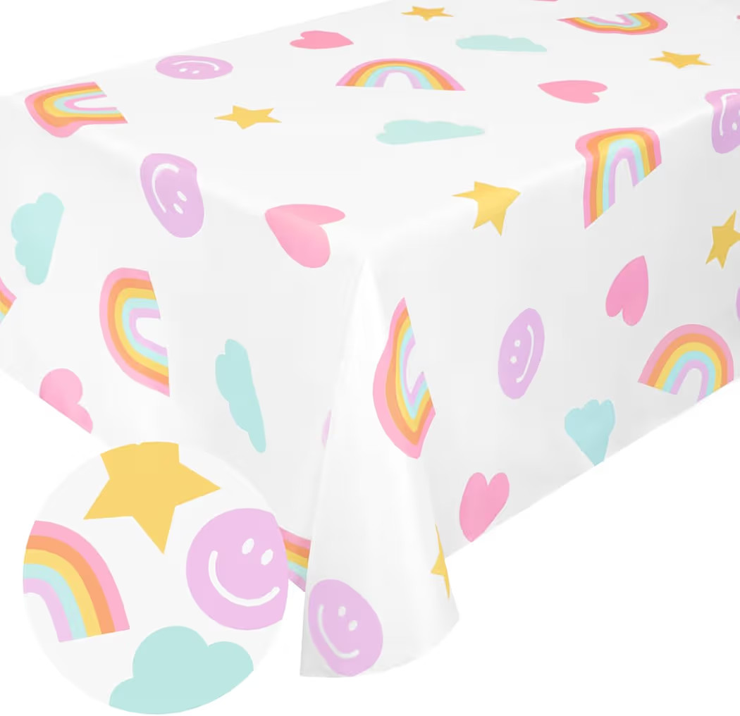 xo, Fetti Smiley Face Disposable Tablecloth - 9ft. | Rainbow Birthday Decorations, Pastel Table C... | Amazon (US)