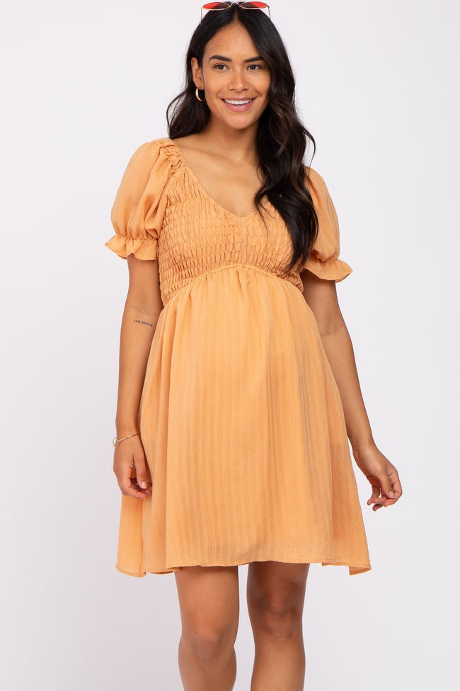 Peach Smocked Puff Sleeve Maternity Dress | PinkBlush Maternity