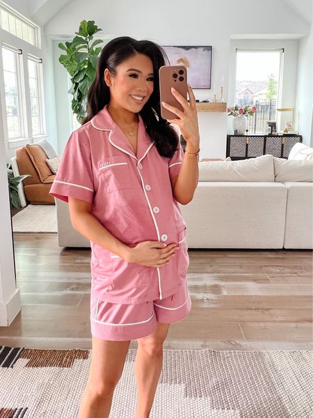 Love these soft pjs for spring and summer! I adore a matching set and these are so comfy and chic. This exact pair is not available but they have it available in a slightly lighter shade and other colors. I’m wearing size S/P to accommodate the bump and it runs TTS! Linking these pjs, makeup and more

#LTKSeasonal #LTKstyletip #LTKbump