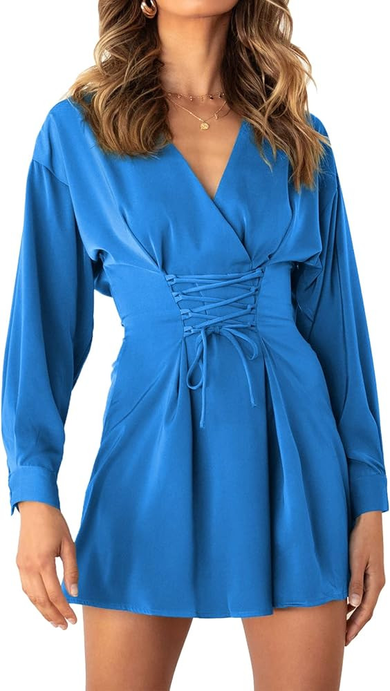 Amazon.com: PRETTYGARDEN Long Sleeve A-Line Mini Dress Deep V-Neck Tie Waist Fall Dresses for Wom... | Amazon (US)