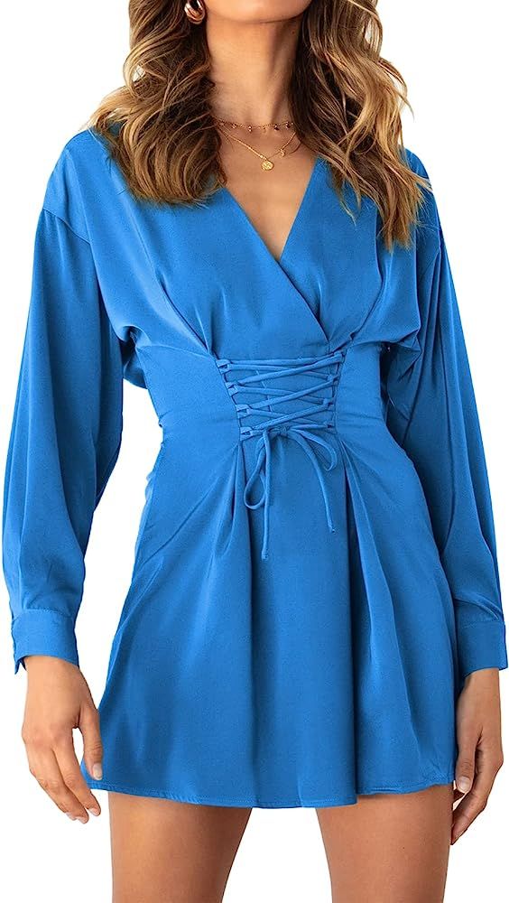 Amazon.com: PRETTYGARDEN Long Sleeve A-Line Mini Dress Deep V-Neck Tie Waist Fall Dresses for Wom... | Amazon (US)