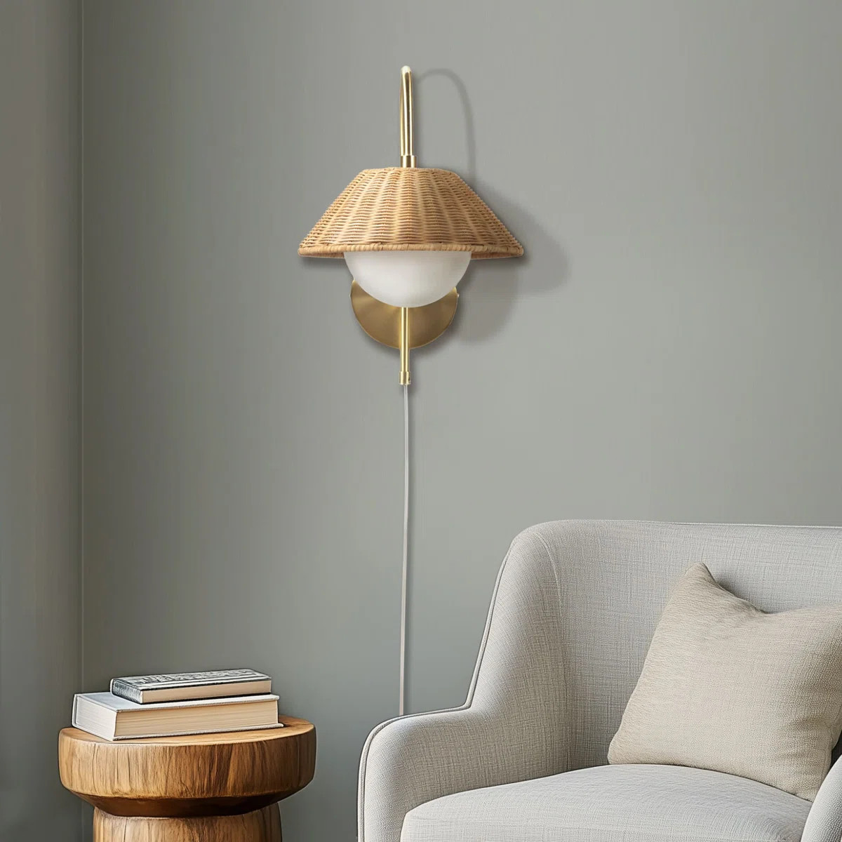 Aminda Gold Plug-in Wall Sconce with Frosted Globe and Rattan Shade | Wayfair North America