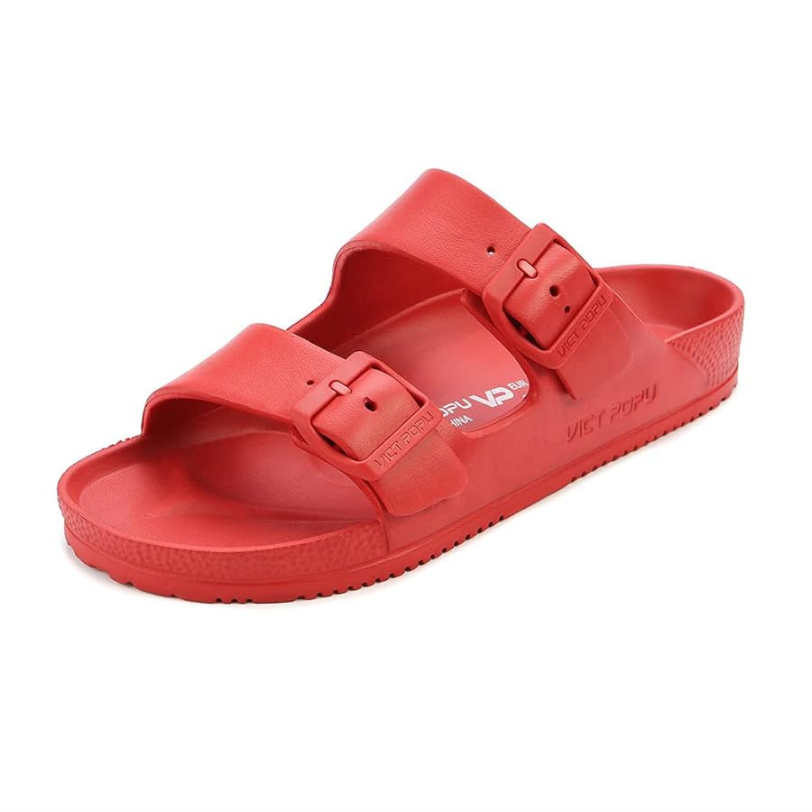 VICT POPU Womens Sandals Adjustable Double Buckle Strap Waterproof EVA Flat Slides | Amazon (US)