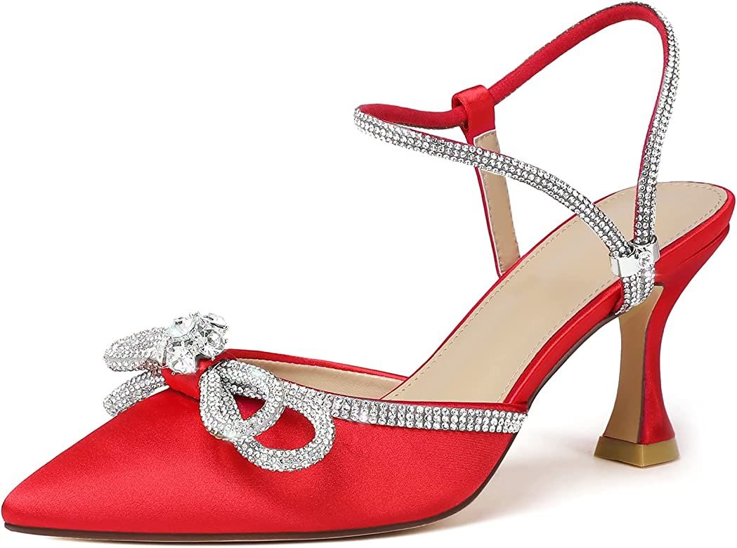Amazon.com | Susanny Red Sparkly Heels for Women Low Heels Wedding Shoes Bride Bow Rhinestone Sex... | Amazon (US)