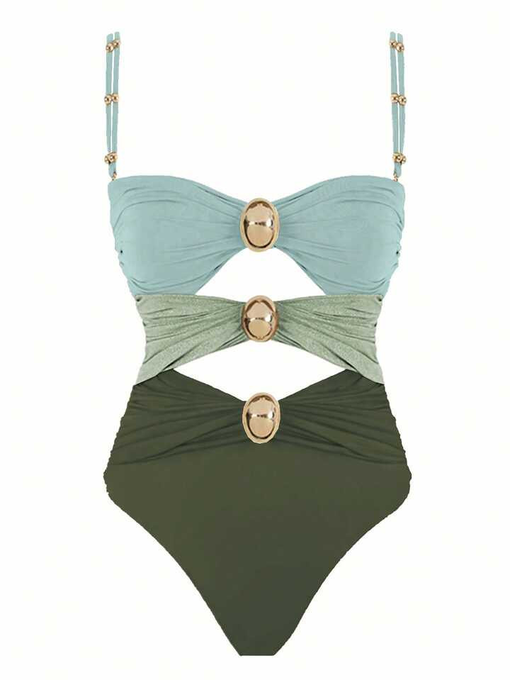 Women's Summer Beach Color Block Hollow Out Spaghetti Strap One-Piece Swimsuit | SHEIN