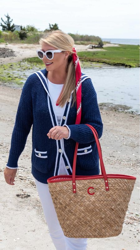 Summer outfit for the weekend. Navy and white sailor cardigan, red scarf, beach tote, white sunglassess

#LTKItBag #LTKFindsUnder100 #LTKOver40