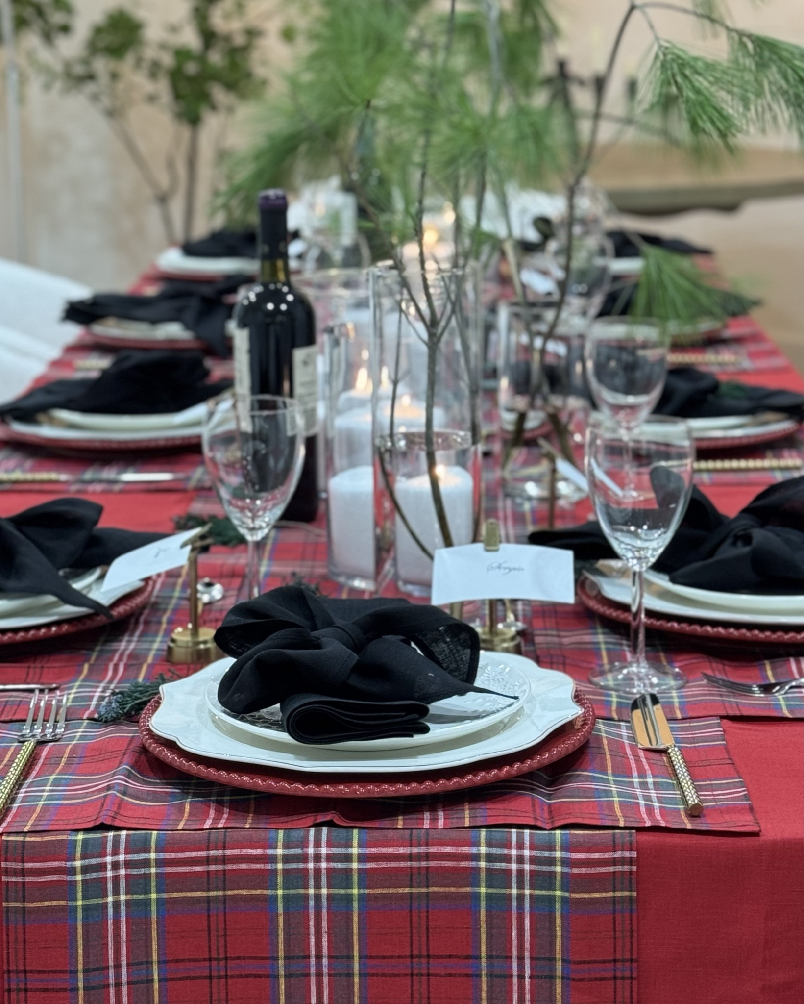 Tablescape | | Mini tree stand | Plates | Placemats | Charger plates | Diner set | Candle Holders | Hurricanes | Flatware | 