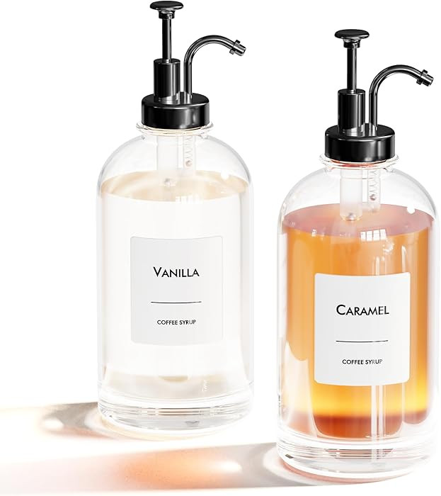 16.9 oz/500 ml Coffee Syrup Dispenser Set - 2 Glass Bottles with Black Pumper and Syrup Labels - ... | Amazon (US)