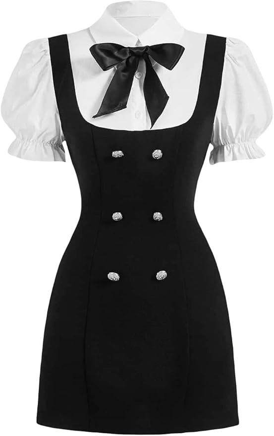 Verdusa Women's Colorblock Button Front Puff Sleeve Collar 2 in 1 Short Dress | Amazon (US)