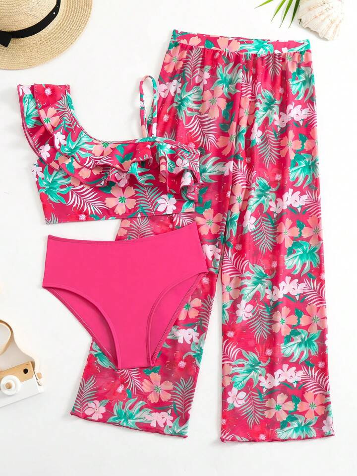 Tween Girl Tropical Print Ruffle Trim Bikini Set With Cover Up Pants Summer Beach | SHEIN