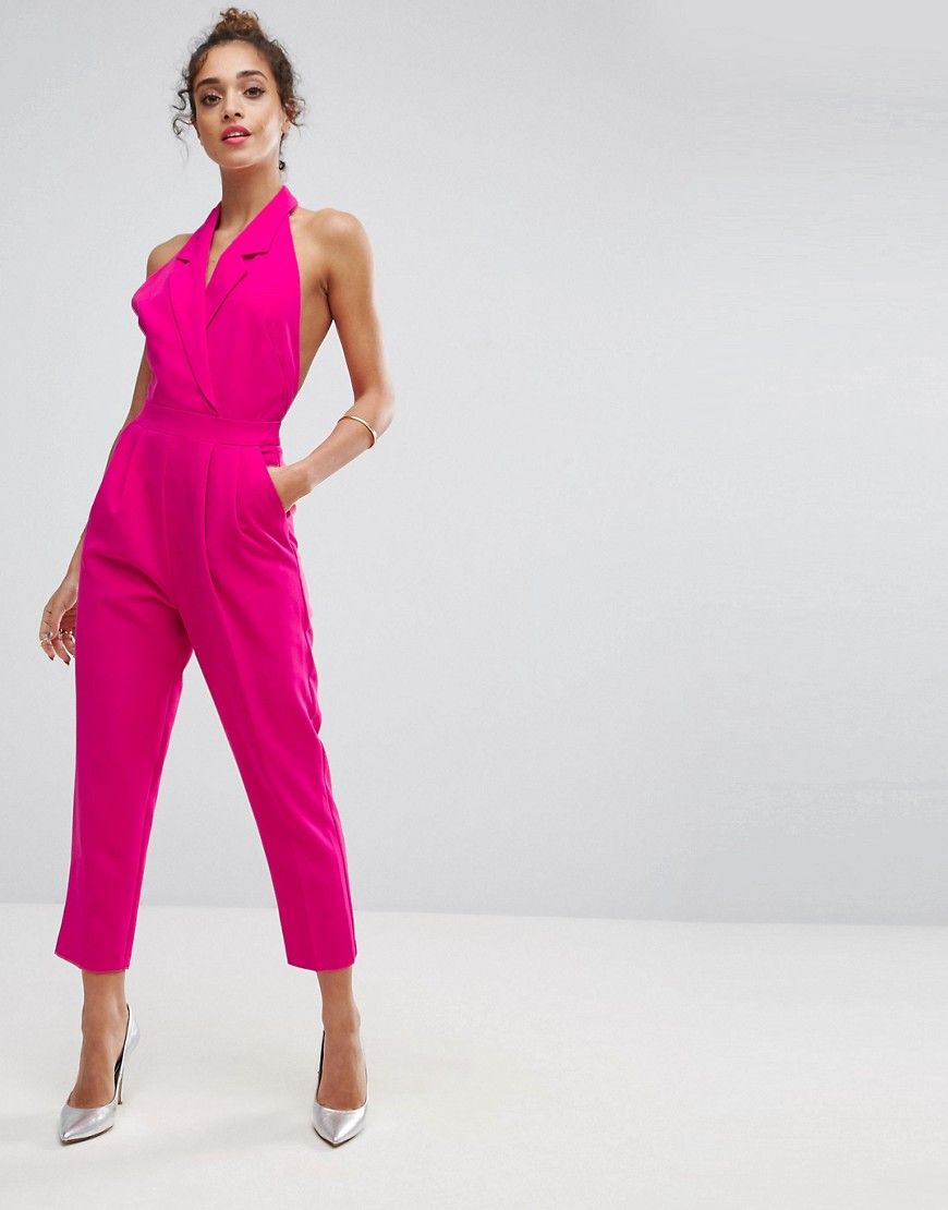 ASOS Tailored Halter Jumpsuit With Lapel Detail and Peg Pant - Pink | ASOS US
