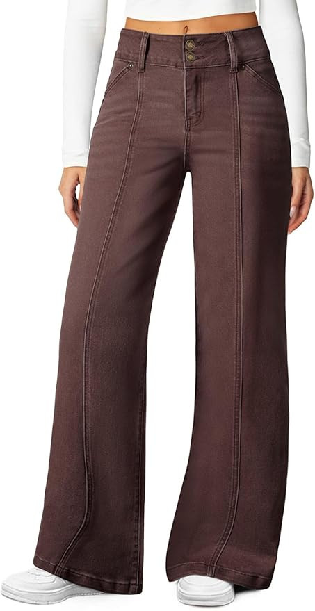 Sidefeel Women's Wide Leg Jeans High Waisted Stretchy Straight Leg Jeans Trendy Seamed Front Loos... | Amazon (US)