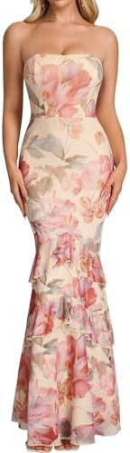 Parthea Women Strapless Floral Mermaid Maxi Dress Ruffled Bodycon Wedding Guest Formal Party Gown | Amazon (US)
