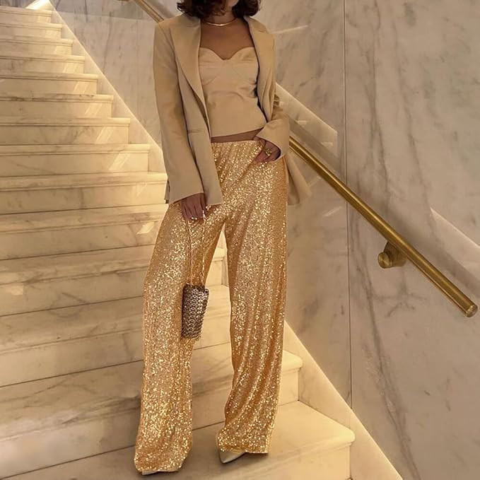 ODIZLI Womens Wide Leg Sparkle Sequin Pants Elastic High Waisted Bling Glitter Dance Pants | Amazon (US)