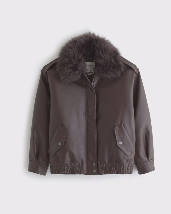 Women's Removable Collar Vegan Leather Bomber Jacket | Women's Coats & Jackets | Abercrombie.com | Abercrombie & Fitch (US)