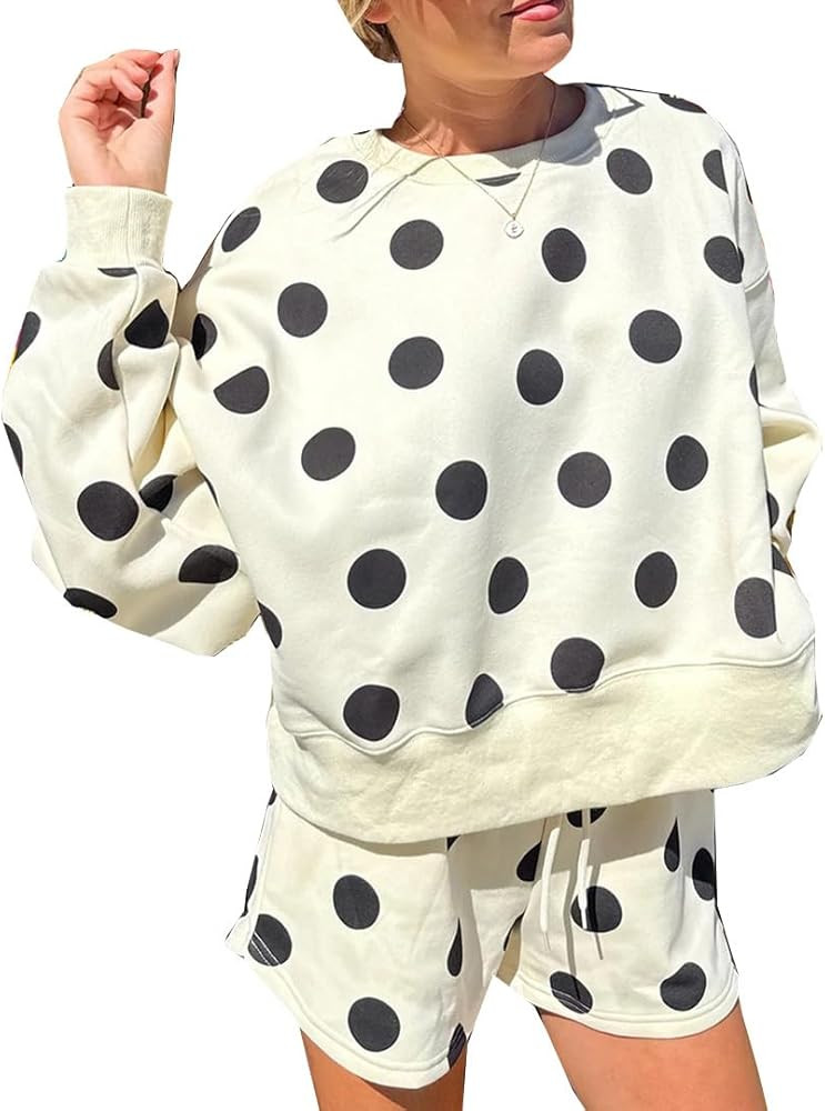 sweat set for women polka dot crewneck long sleeve sweatshirt and drawstring mini shorts set spri... | Amazon (US)