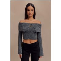 Baxter Off Shoulder Fluffy Knit Top - Charcoal | MESHKI US