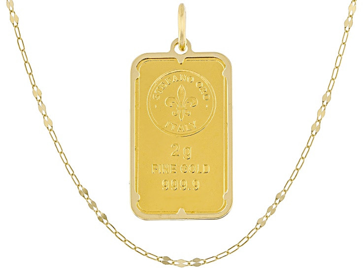 24k Yellow Gold 2g Ingot with 14k Gold Frame Pendant, 1.65mm Paperclip Petali 20" Chain - AUK048 | JTV Jewelry