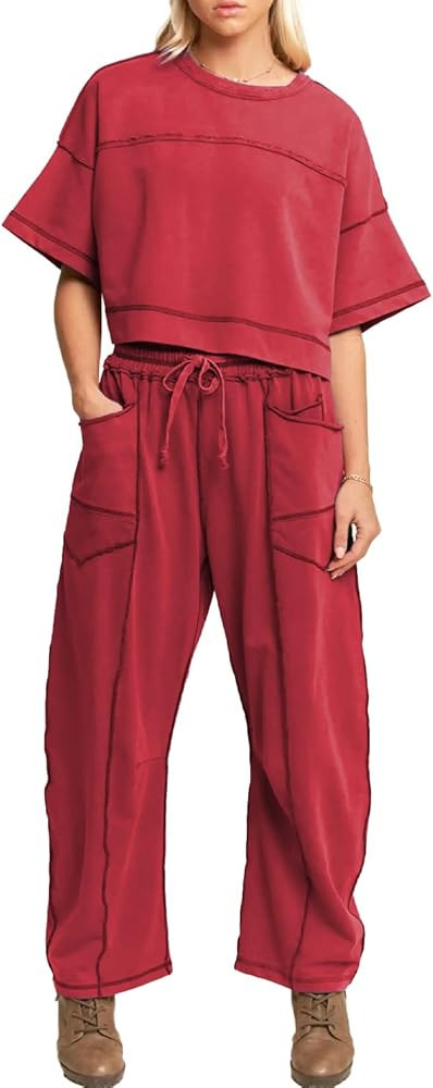 Womens 2 Pieces Sweatsuit Set Cropped Boxy T Shirt Drawstring Wide Leg Pant Travel Tracksuit Casu... | Amazon (US)