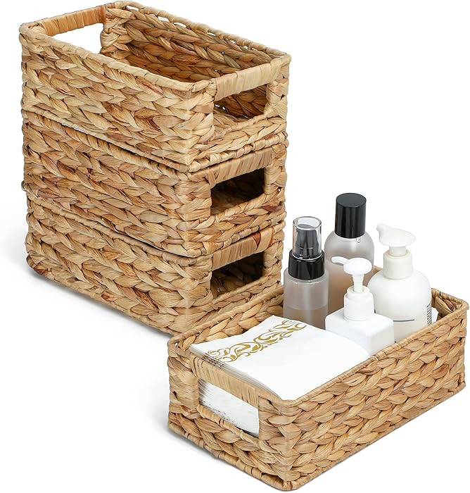 4 Small 3.6 QT Water Hyacinth Wicker Baskets for Shelves, 10" Long Woven Pantry Organizers and St... | Amazon (US)