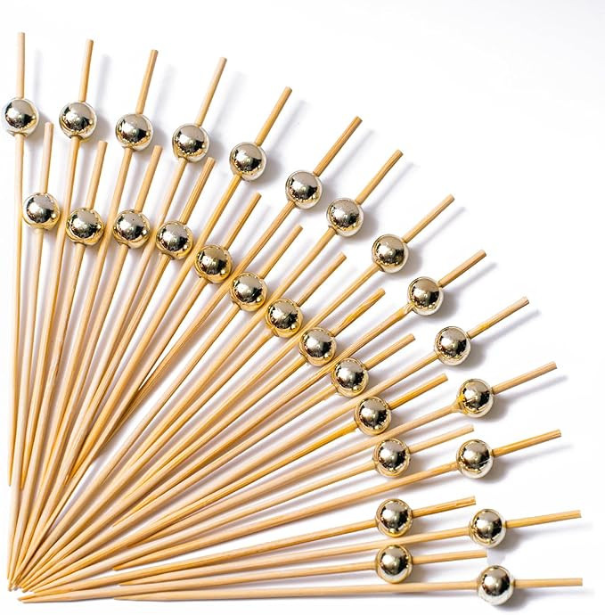 PuTwo Gold Pearl Cocktail Picks 4.7 Inch 100pcs Bamboo Fancy Skewers Toothpicks for Appetizers Fo... | Amazon (US)