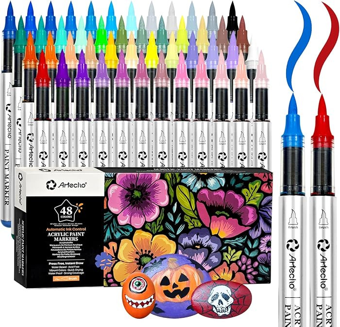 Artecho Automatic Ink Control Acrylic Paint Markers 48 Colors Brush Tip, for Stone, Rock Painting... | Amazon (US)